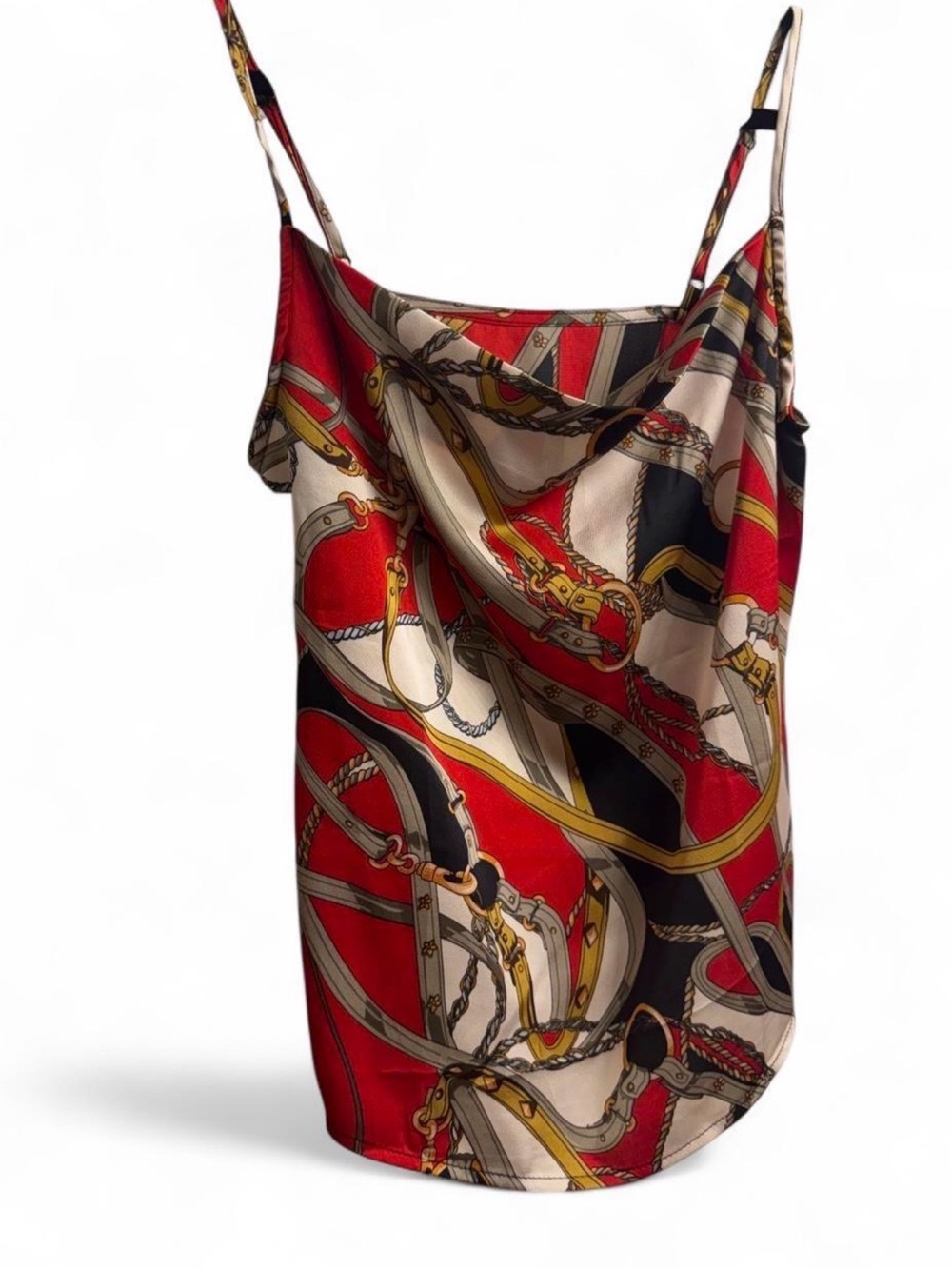 Silk-Feel Chain Print Cami Tank Top - Red/Black/Cream